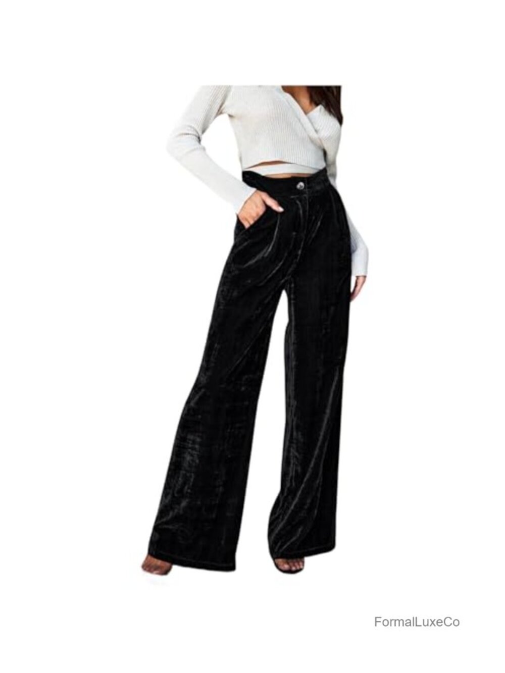 Women's Velvet Wide Leg Pants Elastic High Waisted Palazzo Trousers with Pockets